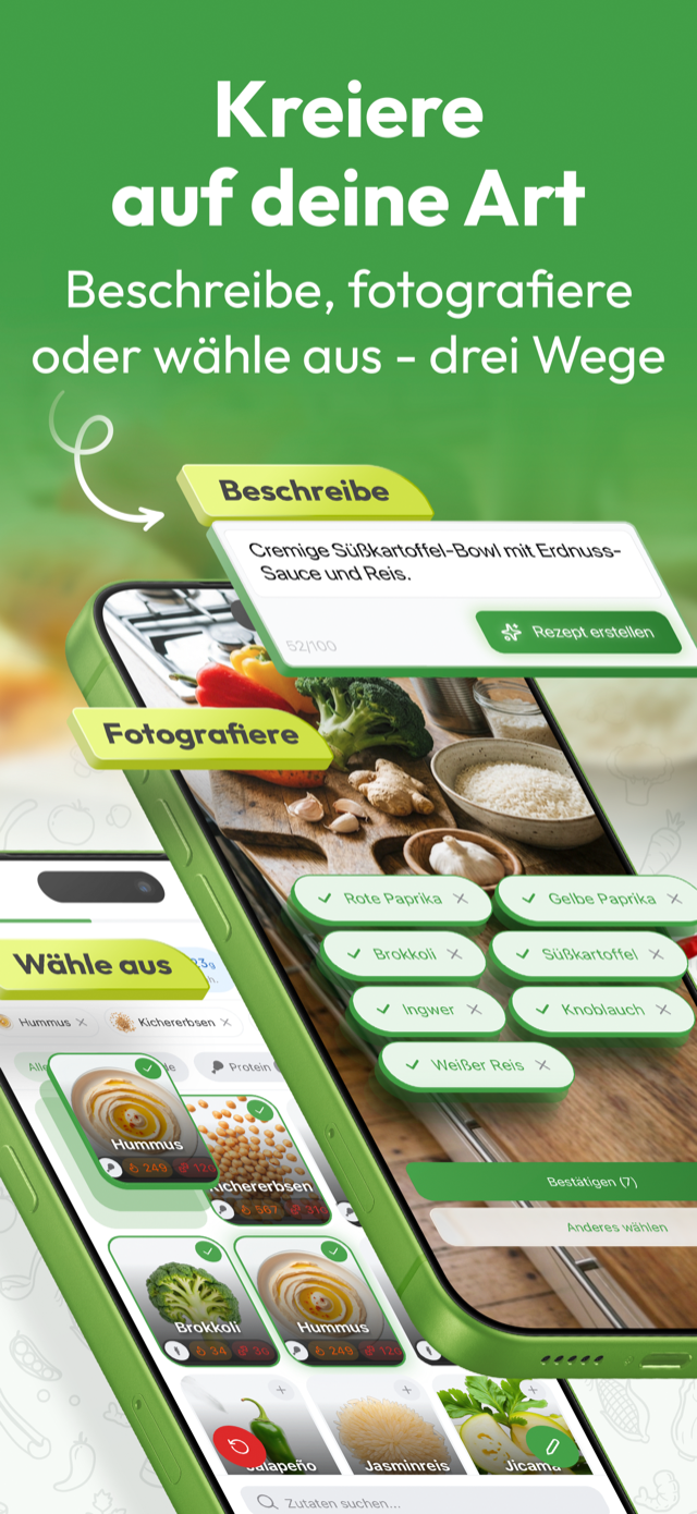 Kreiere auf deine Art: Beschreibe, fotografiere oder wähle Zutaten aus