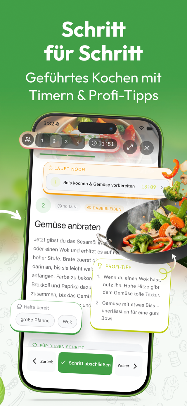 Schritt für Schritt kochen: Geführtes Kochen mit Timern und Profi-Tipps