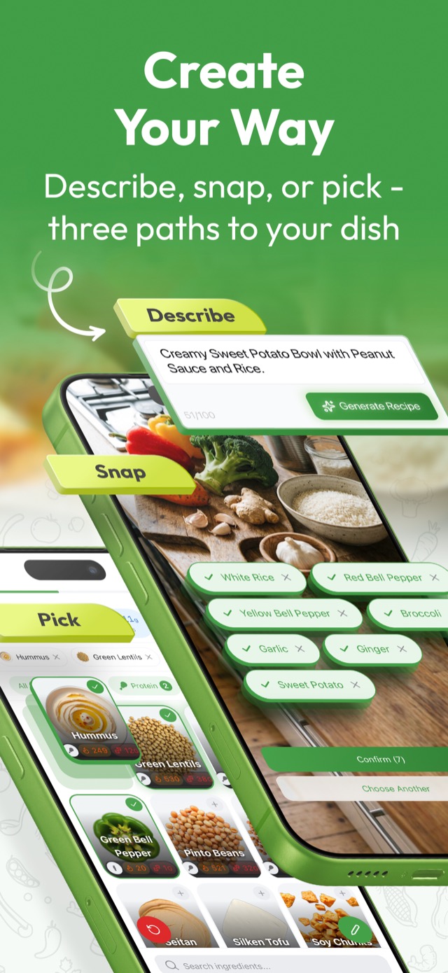 Create Your Way: Describe, snap, or pick ingredients - three paths to your dish