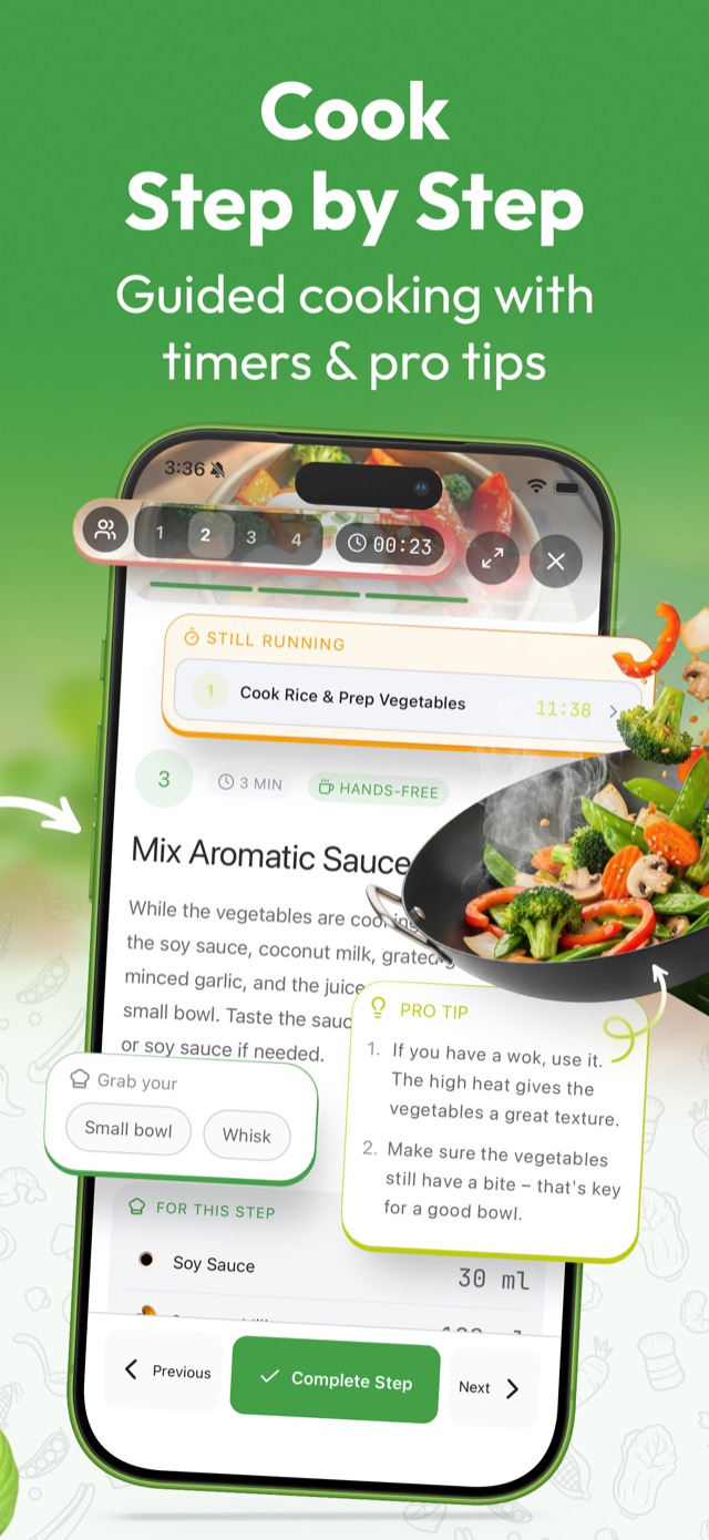 Cook Step by Step: Guided cooking with timers and pro tips